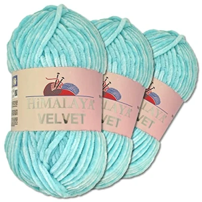 Abbildung von Wohnkult Himalaya 3 x 100 g Velvet Dolphin Wolle 40 Farben zur Auswahl Chenille Strickgarn Flauschwolle Glanz Accessoire Kleidung Decken (90006 Babyblau)