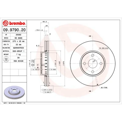 Abbildung von BREMBO 09.9790.20 Bremsscheibe 276 25 4 innenbelüftet TOYOTA: Corolla IX Kombi, Verso, Limousine