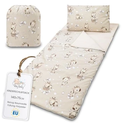 Abbildung von Schlafsack Kinder mit Kissen und Reißverschluss für Baby 3 7 Jahre 140 x 75 cm Kinderschlafsack Indoor Kindertagesstätte Kindergarten Deckenschlafsack Giraffen