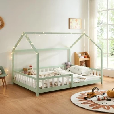 Abbildung von [en.casa] Kinderbett Hesel Hausbett Mintgrün 140 x 200 cm mit Rausfallschutz und Lattenrost Bodenbett Jugendbett Holzbett