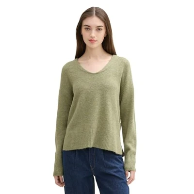 Abbildung von TOM Tailor Denim MIT Vausschnitt Strickpullover, Damen, Größe: XXL, Greyish green melange