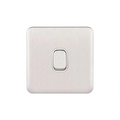 Abbildung von Schneider Electric GGBL1012RWSSS schraubenlose Lisse Abdeckung, einseitiger versenkbarer 2 Wege Lichtschalter, 10 A, Edelstahl mit weißem Einsatz