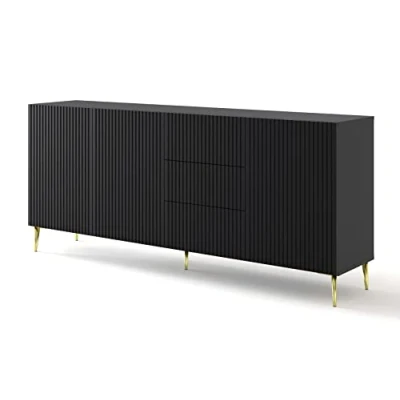 Abbildung von BIM Furniture Kommode Ravenna B 3D3S 200 cm mit gefräster Front Hochwertiges MDF, Sideboard, Buffet auf goldenen Metallstiftbeinen, 3 Schränke, Schubladen (Schwarz Matt)