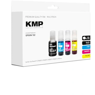 Abbildung von KMP Tintenflaschen schwarz, cyan, magenta, gelb kompatibel zu EPSON 102 (T03R640), 4er Set