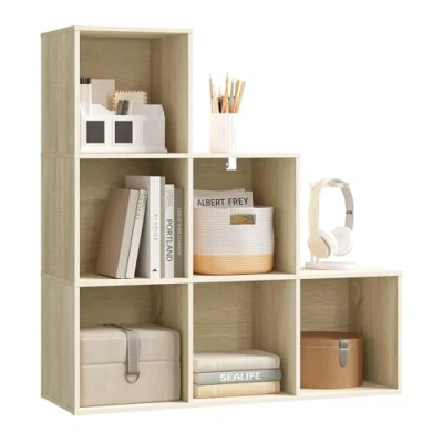 Abbildung von WOLTU Bücherregal mit 6 Fächern, Würfelregal Treppenregal Stufenregal Standregal, für Wohnzimmer Schlafzimmer Kinderzimmer Büro, helle Eiche, 90,5x90,5x30 cm, SK061hei