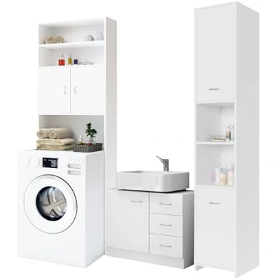Abbildung von Casaria® Badmöbel Set Waschbeckenunterschrank Badezimmerhochschrank Waschmaschinenschrank Stauraum Badezimmer Weiß