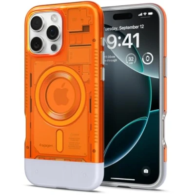 Abbildung von Spigen Classic C1 MagFit Hülle für iPhone 16 Pro Max, Kompatibel mit MagSafe Zubehör Tangerine