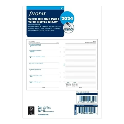 Abbildung von Filofax Kalender Tagebuch Nachfüllung, A5, Woche auf einer Seite mit Notizen, weißes Papier, mehrsprachig: Fünf Sprachen, 2024 (C68509 24)