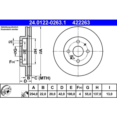 Abbildung von ATE 24.0122 0263.1 Bremsscheibe 254,0 22,0 4 100,0 Belüftet beschichtet DAIHATSU: Sirion II, Materia, SUBARU: JUSTY