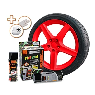 Abbildung von Foliatec Sprühfolie Auto Felgenfolie Sprüh Lack Spraydose Abziehbar, Gute Deckkraft, neon rot, 1x 400ml Folie &amp; Grundierung