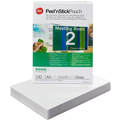 Abbildung von GBC selbstklebende Laminierfolien A4 125 mic, Peel&#039;nStick, Robuste Laminiertaschen im 100er Pack, Glänzend, Transparent, Ideal für Büro &amp; Schule, 3747243