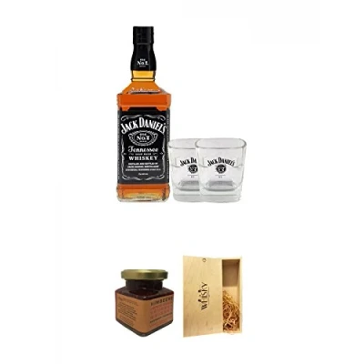 Abbildung von Jack Daniels Black Label No. 7 0,7 Liter + 2 x Gläser Kentucky Bourbon Himbeer Marmelade 150 Gramm Glas 1a Whisky Holzbox für Flaschen mit Schiebedeckel