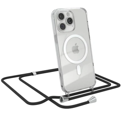 Abbildung von EAZY CASE Handykette kompatibel mit iPhone 15 Pro Max Kette zum Umhängen Stoßfest Handyhülle für Silikon Hülle Band Transparent als Fallschutz in Schwarz Clips Silber