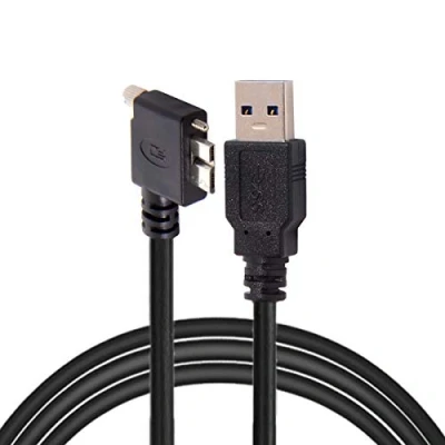 Abbildung von Cablecc Micro USB Schraubbefestigung auf 3.0 Datenkabel für Industriekameras, 90 Grad links abgewinkelt, 1,2 m