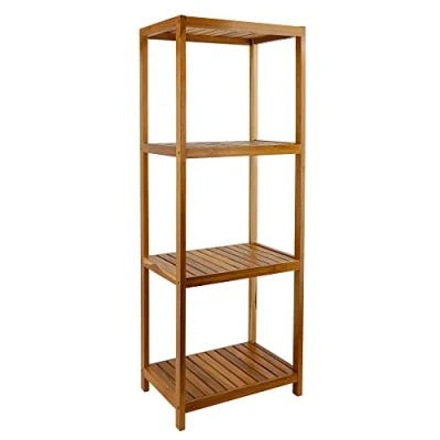 Abbildung von VaeFae Teak Badezimmer Regal, 4 stöckiges Aufbewahrungsregal, Holzständer, Regal Organizer für Badezimmer, Küche, Wohnzimmer, Waschküche, Garage