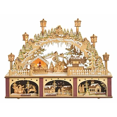 Abbildung von LED Holz Schwibbogen Weihnachtsmark 45 x 30 cm Lichterbogen mit 15 Weihnachtsdorf Szene Tisch Fenster Deko beleuchtet Batterie betrieben