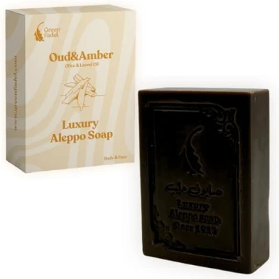 Abbildung von GREEN FADEL (Luxury) Aleppo Seife Original mit Oudh &amp; Amber Aroma, 1 Stück, Olivenöl Lorbeeröl, Olivenölseife, Luxury Soap, Naturseife, für Gesicht Körper