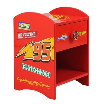Abbildung von Disney Cars Lightning McQueen Nachttisch, stabile Holzwerkstoff Konstruktion mit 2 stöckigem Design für reichlich Stauraum, kleiner Beistelltisch Schublade und Ablagefach Kinderzimmer