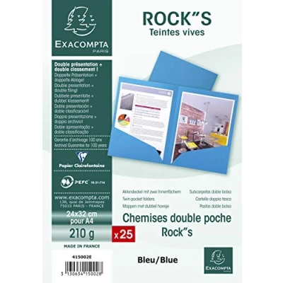 Abbildung von Exacompta 415002E 25er Pack Aktenmappen ROCKS mit 2 Innenfächern 210g für DIN A4 PEFC™ zertifizierte blau Präsentationsmappe Sammelmappe Dokumentenmappe