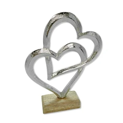 Abbildung von Metall Figur Zwei Herzen auf Holz Fuß 19 x 25cm Dekofigur Tisch Deko Metallherz Skulptur