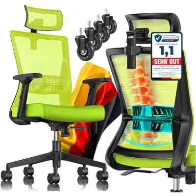 Abbildung von KESSER® Bürostuhl Ergonomisch mit verstellbaren Armlehnen Drehstuhl Lendenwirbelstütze Rückenschonend Schreibtischstuhl Kopfstütze Office Chair Wippfunktion bis 125 5X Gummirollen