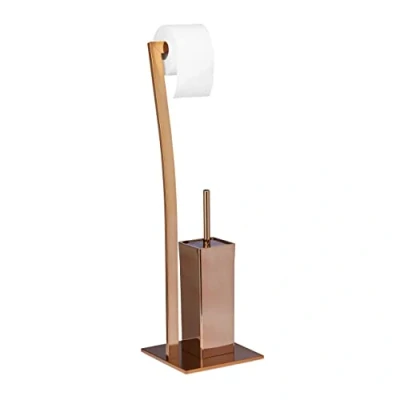 Abbildung von Relaxdays Stand WC Garnitur WIMEDO eckig HBT: 71 x 20 cm Toilettenbürstenhalter aus Edelstahl mit Lackierung Toilettenpapierhalter und Klorollenhalter als freistehende Bürstengarnitur, kupfer