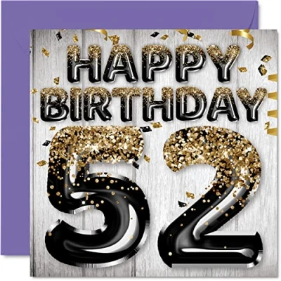 Abbildung von Stuff4 Geburtstagskarte zum 52. Geburtstag für Männer schwarze und goldene Glitzerballons Happy Karten 52 Jahre alten Mann Vater Opa Onkel 145 mm x Grußkarten Geschenk