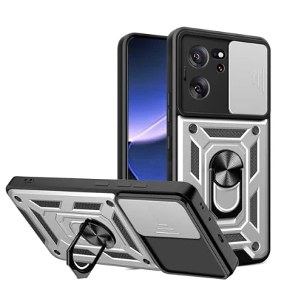 Abbildung von BOKYAS Armor Hülle für Xiaomi 13T Pro/Xiaomi Mit Slide Kameraschutz Cover und Ring Ständer [Handyhülle Kompatibel Auto Magnet] Militärischer Stoßfeste Case, Silber