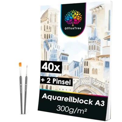 Abbildung von OfficeTree Aquarellblock A3 300g /m² 40 Blatt Aquarellpapier Weiß , Zeichenblock für Wasserfarben