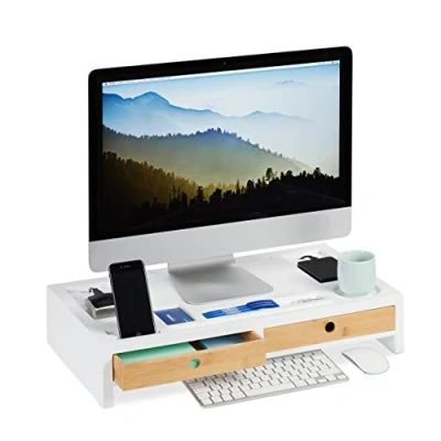 Abbildung von Relaxdays Monitorständer, XL Bildschirmerhöhung aus Bambus &amp; MDF, 2 Schubladen, Organizer, HBT 11 x 58,5 32,5 cm, weiß