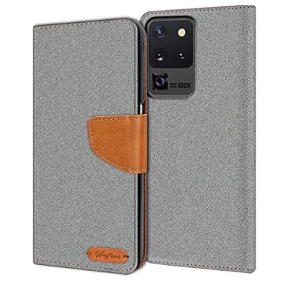 Abbildung von Verco kompatibel mit Samsung Galaxy S20 Ultra Hülle, Schutzhülle für Tasche Denim Textil Book Case Flip Klapphülle Grau