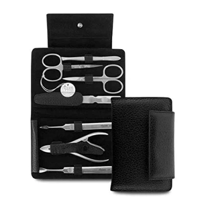 Abbildung von nippes Solingen Premium Line Maniküre Set Leone, 7 teilig, Edelstahl rost und nickelfrei, Rindleder Etui mit Druckknopf, Schwarz, Nagelpflege Set, Pediküre Maniküre, Made in Germany
