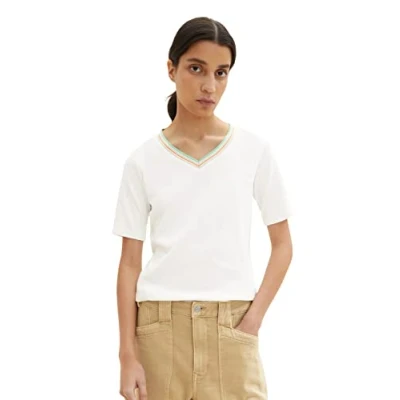 Abbildung von TOM TAILOR Damen 1035472 Basic T Shirt mit V Ausschnitt, 10315 Whisper White, XXS