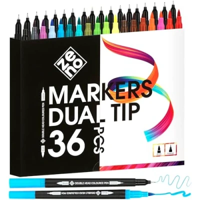 Abbildung von ZENO 36 Filzstifte Set mit Doppelseitiger Spitze Dual Brush Pen für Erwachsene Stifte Feiner und Pinselspitze Malbücher, Mandalas Kreative Projekte