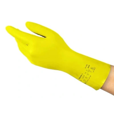 Abbildung von Ansell AlphaTec 37 320 Mehrzweckhandschuhe aus Nitril, Chemikalienschutz, Lebensmittel Geeignet, Wiederverwendbare Nitrilhandschuhe, Hausputz, Haushalt, Kochen, Gelb, Größe XL (12 Paar)