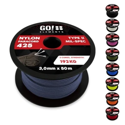 Abbildung von GO!elements 50m Paracord Seil aus reißfestem Nylon 3mm 425 Typ II max. 192kg Schnüre als Outdoor Seil, Allzweckseil, Survival Armband, Hundeleine, Nylonschnur, Farbe: Grau Blau