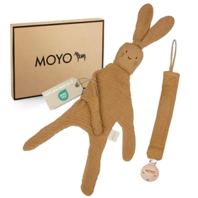 Abbildung von MOYO Baby Geschenk Set aus Musselin I Kraft der Natur 2 teiliges Geschenkset mit Schnuffeltuch Hase &amp; Schnullerkette zur Geburt für Junge Mädchen Babygeschenke Neugeborene