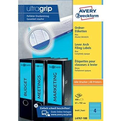 Abbildung von AVERY Zweckform L4767 100 Ordnerrücken Etiketten (400 Rückenschilder mit ultragrip, 61x192mm auf A4, breit/kurz, selbstklebend, absolut blickdicht, bedruckbare Ordneretiketten) Blatt, blau