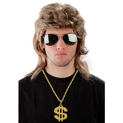Abbildung von 3er Spar Set Vokuhila Perücke + Sonnenbrille Dollar Kette blonde für Herren und Pilotenbrille zu Fasching Karneval Blond Fokuhila Proll Perücken Bad Taste Party