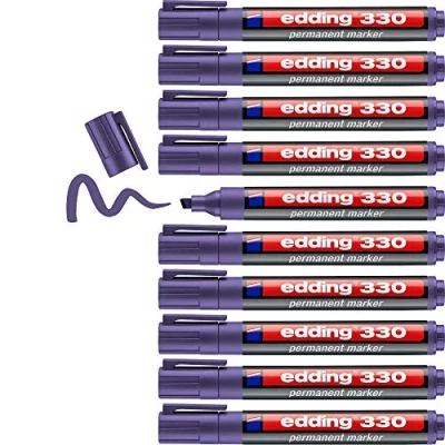 Abbildung von edding 330 Permanentmarker violett 10 Stifte Keil Spitze 1 5 mm wasserfest, schnell trocknend wischfest für Karton, Kunststoff, Glas, Holz, Metall, Glas