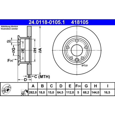 Abbildung von ATE 24.0118 0105.1 Bremsscheibe 282,0 18,0 5 112,0 voll beschichtet VOLKSWAGEN: Transporter 4 Bus, Kastenwagen