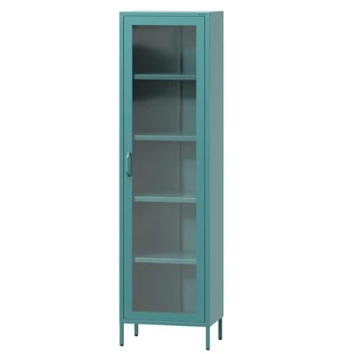 Abbildung von Jan Nowak 1 türiger Vitrinenschrank Luigi 50 x 180 35 cm 4 Verstellbare Ablagen, Gehärtetes Glas, Wandmontage Glasvitrine Stehend, Vitrine Wohmzimmerschrank Glitzernd Marine