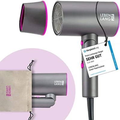 Abbildung von Lebenlang Haartrockner Föhn Ionen Anti Spliss mit Kaltluft Modus klappbar klein I Reiseföhn, 2100,00 W, Ionisch Frizzfrei, Präzisionsdüse, Klappgriff, Ultra leise, 2100W