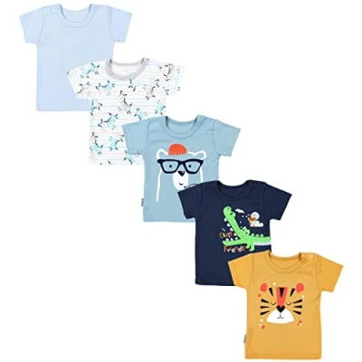 Abbildung von TupTam Baby Jungen Kurzarm T Shirt mit Aufdruck Unifarben Sterne Streifen 5er Set, Farbe: Krokodil Dunkelblau Tiger Senfgelb Zebra Blau, Größe: 86