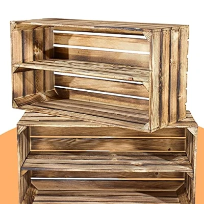 Abbildung von 2 große geflammte Holzkisten mit Mittelbrett für Schuh und Bücher flambierte Obstkiste Ablage Schuhregal Bücherregal Obstkistenregal Regal Regalkiste 68x40x30cm