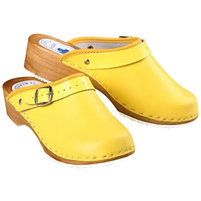 Abbildung von Aves 24 CLOGS Pantolette Sandalette Leder Holzschuhe Holzclogs Damen Klotschen Clog Gelb 38