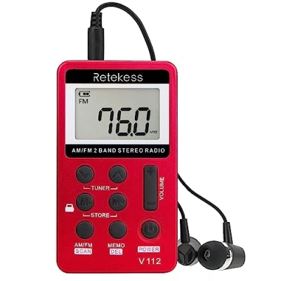 Abbildung von Retekess V112 Mini Radio,Taschenradio mit Kopfhörer,FM AM,Schlaftimer,Wiederaufladbar,LCD,Schlaftimer,500mAh Akku,zum Joggen,Reisen,Angeln(Rot)