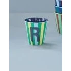 Abbildung von Rice Melamin Becher medium gestreift mit Buchstaben, Modell für Jungen blau/grün/mint Töne, Größe 9 x cm (R Junge)