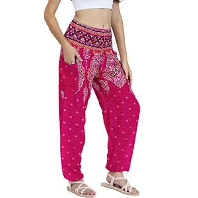 Abbildung von Lofbaz Damen Haremshose Yogahose Pumphose Hippie Hose Boho Kleidung Festival Outfit Sommerhose Leicht Sommer Hosen Floral 3 Rosa M