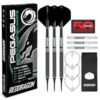 Abbildung von RED DRAGON Pegasus Tungsten Soft Dartpfeile 18 Gramm: Schwarze Schäfte, Flüge und Darttasche